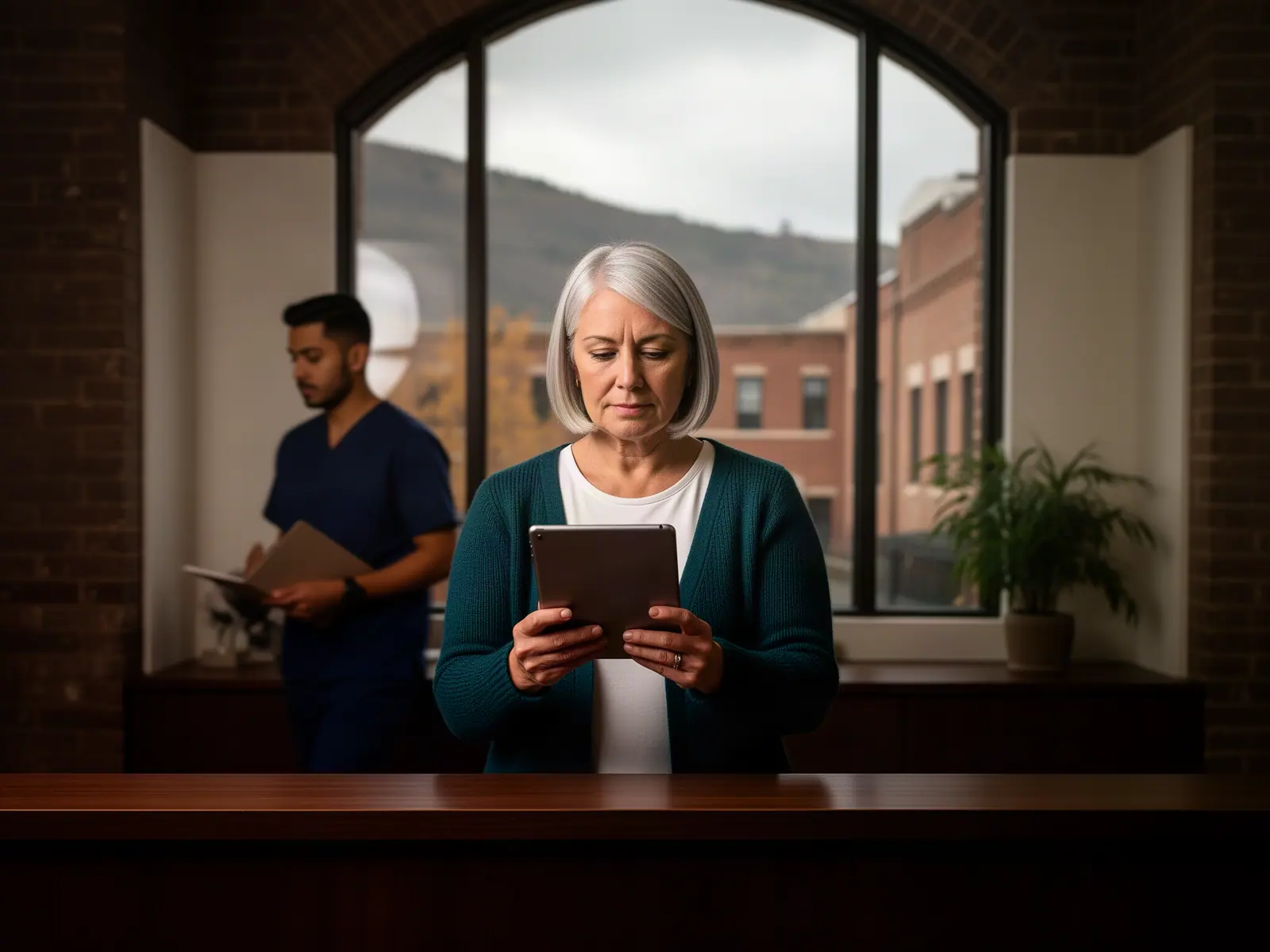 A practice manager reviewing a tablet at the reception desk of a small medical practice as a nurse walks past.